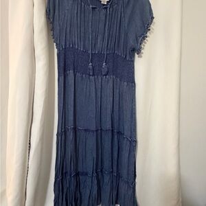Classic blue smocked-neck rayon boho dress